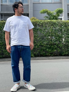 「白Tシャツ×デニム」｜「アイテム（スリッポン）」を使った、gunken5さん（メンズ・171cm）の夏コーディネート