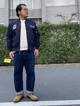 「Pherrow's（フェローズ）のアイテム（デニムパンツ）」を使った、gunken5さん（メンズ・171cm）の冬コーディネート