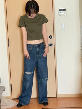 「GU（ジーユー）のアイテム（Tシャツ/カットソー、グリーン系）」を使った、えみぽこさん（レディース・167cm）の夏コーディネート