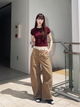 「Rohwel（ローウェル）のStud Wave Belt / スタッズウェーブベルト（ベルト、ホワイト系）」を使った、Mireyさん（レディース・173cm）の夏コーディネート