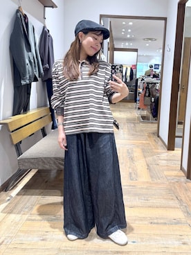 「GLOBAL WORK（グローバルワーク）のダブル襟マルチボーダーポロ/1042903（Tシャツ/カットソー、グレー系）」を使った、shizuruさん（レディース・149cm）の秋コーディネート