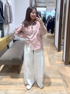 「GLOBAL WORK（グローバルワーク）のGOODデニムカラーシャツ/624975（シャツ/ブラウス、ピンク系）」を使った、shizuruさん（レディース・149cm）の春コーディネート