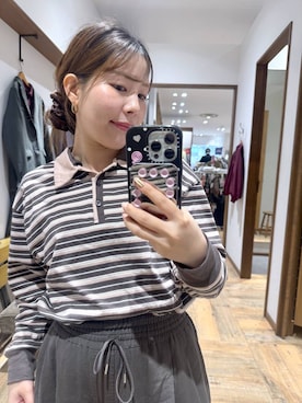 「GLOBAL WORK（グローバルワーク）のダブル襟マルチボーダーポロ/1042903（Tシャツ/カットソー、グレー系）」を使った、shizuruさん（レディース・149cm）の秋コーディネート