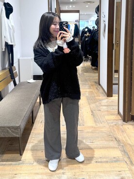 「GLOBAL WORK（グローバルワーク）のストレッチ総レースプルオーバー長袖/580886（Tシャツ/カットソー、ホワイト系）」を使った、shizuruさん（レディース・149cm）の冬コーディネート