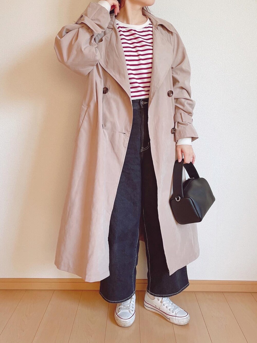 「春服デビュー宣言、トレンチコート、ボーダー、春服みてみて、春服、着回しコーデ、デニム、パンツコーデ、ビッグシルエット、いいね、save、フォローお願いします🤑」｜「recaのビッグシルエット ロングトレンチコート　2019S/S（トレンチコート、ベージュ系）」を使った、takamiさん（レディース・159cm）の春コーディネートの1枚目の写真