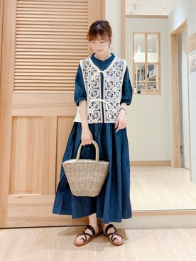 「Samansa Mos2（サマンサ モスモス）のモチーフレースベスト（ベスト）」を使った、みやもとなのこさん（レディース・153cm）の夏コーディネート