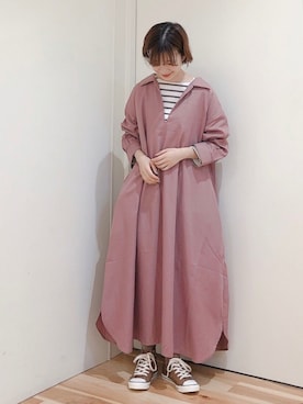 「Samansa Mos2 blue」｜「アイテム（シャツワンピース）」を使った、みやもとなのこさん（レディース・153cm）の秋コーディネート