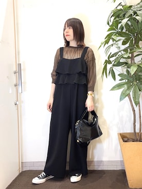 「DRESKIP（ドレスキップ）のティアードサロペット（サロペット/オーバーオール）」を使った、むなかたさん（レディース・159cm）の秋コーディネート