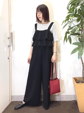 「ボーダートップス」｜「アイテム（オールインワン・サロペット）」を使った、むなかたさん（レディース・159cm）の夏コーディネート