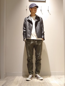 「abahouse」｜「アイテム（ライダースジャケット）」を使った、YASUIさん（メンズ・184cm）の秋コーディネート