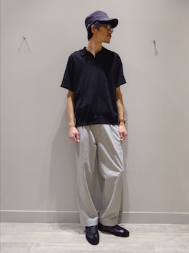 「ABAHOUSE GRAY（アバハウスグレイ）のブークレー スキッパーポロシャツ（ポロシャツ、ブラック系）」を使った、YASUIさん（メンズ・184cm）の春コーディネート