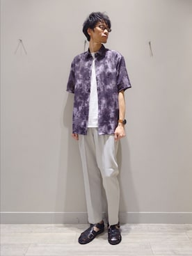 「ABAHOUSE GRAY（アバハウスグレイ）の【リネンブレンド】アブストラクト柄 半袖シャツ（シャツ/ブラウス、ブラック系）」を使った、YASUIさん（メンズ・184cm）の春コーディネート