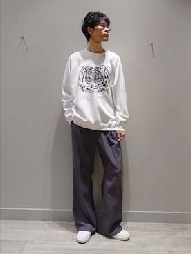 「ABAHOUSE（アバハウス）の【NUTMEG MILLS/ナツメグミルズ】TIGER EMB CREW SWEAT/ 刺繍クルースウェット（スウェット、ホワイト系）」を使った、YASUIさん（メンズ・184cm）の春コーディネート