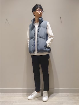 「アイテム（ダウンベスト）」を使った、YASUIさん（メンズ・184cm）の秋コーディネート