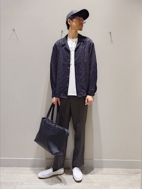 「AH ABAHOUSE（エーエイチアバハウス）の【AH ABAHOUSE】ダイヤ柄 シアーストレッチ 長袖シャツ（シャツ/ブラウス、ブラック系）」を使った、YASUIさん（メンズ・184cm）の春コーディネート
