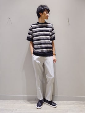 「ABAHOUSE GRAY（アバハウスグレイ）のブークレー マルチボーダー ニットTシャツ（Tシャツ/カットソー、ブラック系）」を使った、YASUIさん（メンズ・184cm）の春コーディネート