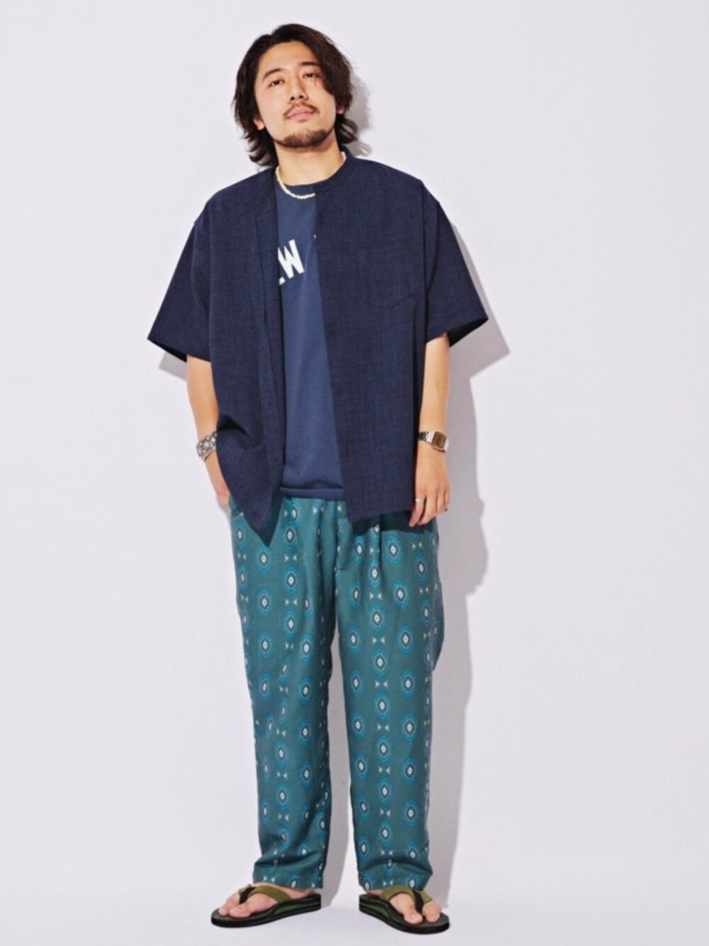 グリーン系のスラックス、ブラック系のサンダル、ブルー系のTシャツ/カットソーを着用したメンズの夏コーディネートの1枚目の写真