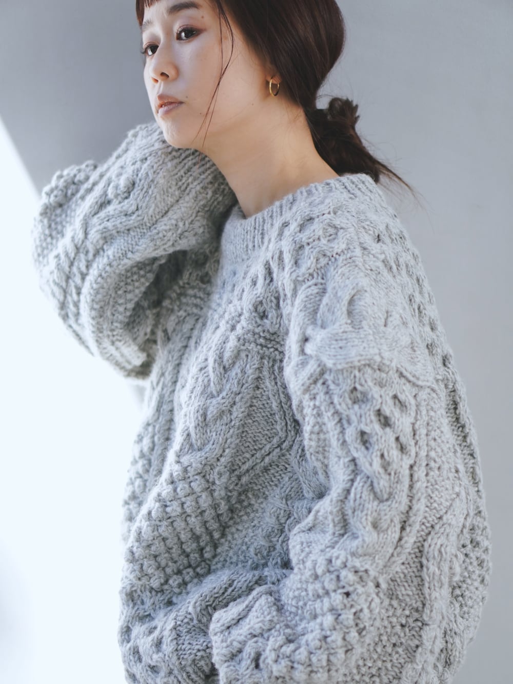 美品 カーサフライン アラン模様 パネルニット プルオーバー ブラウン F 美品 カーサフライン アラン模様 パネルニット プルオーバー