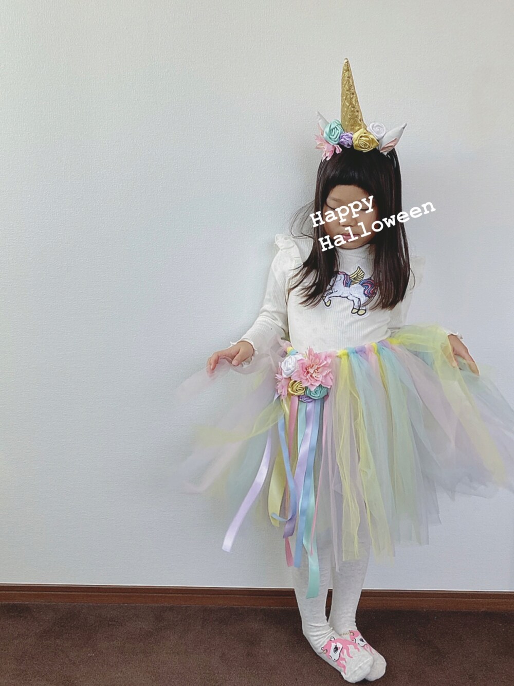 「ハイネック、仮装、タイツ、チュールスカート、パステルカラー、ユニコーン、ゆめかわいい、wearhalloween2021、アイスクリームの妖精、ハロウィンコーデ、ハロウィン」｜「H&Mのアイテム（タイツ/ストッキング、ホワイト系）」を使った、𓅿yzk𓅿さん（キッズ・110cm）の秋コーディネートの1枚目の写真