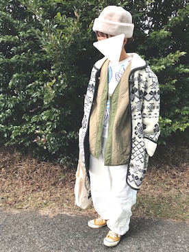 「柄物」｜「アイテム（ジャケット/アウター）」を使った、tamaさん（レディース・159cm）の冬コーディネート