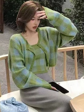 「DAY CLOSET（デイ クローゼット）の【アンサンブル/クロップド丈】長袖ブロックチェックリブニットキャミソール+カーディガン 2点セット レディース（カーディガン/ボレロ）」を使った、TeddyShopさん（レディース・158cm）の秋コーディネート