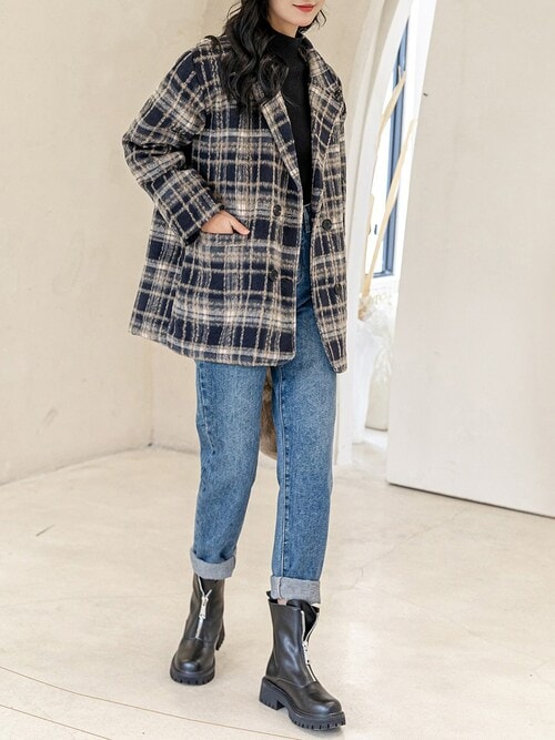 sheller レザーチェックショートコート セール】【non-no1.2月合併号掲載/裏キルティング加工】ルーズ