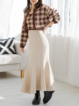 「DAY CLOSET（デイ クローゼット）の【アンサンブル/クロップド丈】長袖ブロックチェックリブニットキャミソール+カーディガン 2点セット レディース（カーディガン/ボレロ）」を使った、TeddyShopさん（レディース・158cm）の冬コーディネート