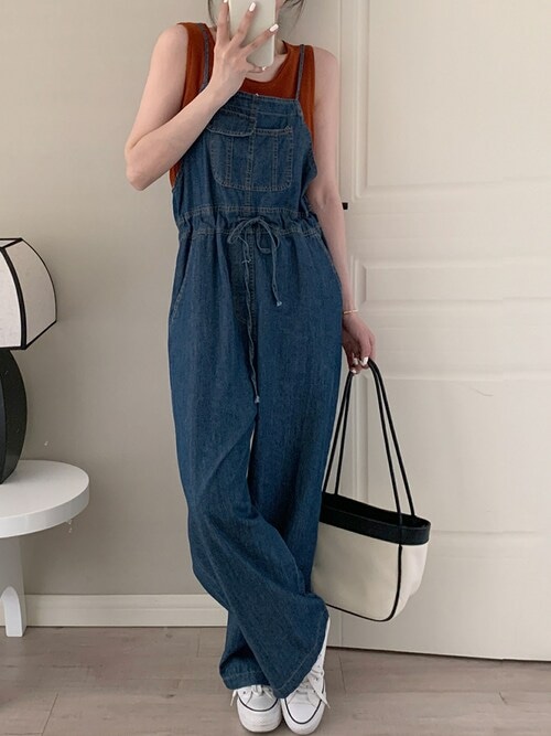 セール】レディース ワイドデニムウエストマークオーバーオール