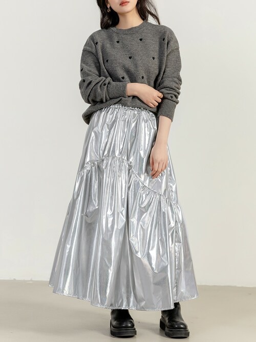 ロング丈/コーデ冴えわたる光沢感】ラウンド切替ティアード