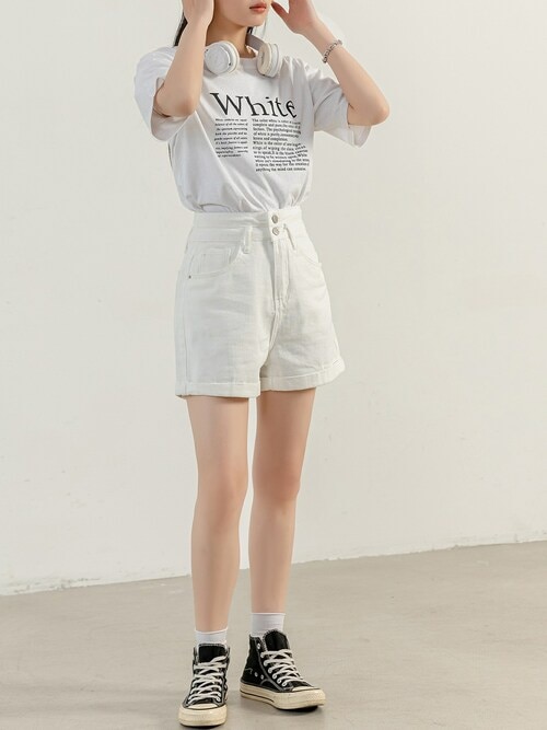 レディース ハイウエストロールアップダブルボタンショートデニム