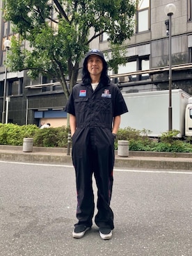 「HYSTERIC GLAMOUR（ヒステリックグラマー）のHYSTERIC DUSTER オールインワン（サロペット/オーバーオール、ブラック系）」を使った、hyshmt01さん（メンズ・172cm）の春コーディネート