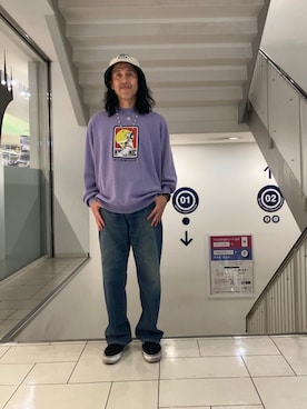 「HYSTERIC GLAMOUR（ヒステリックグラマー）のWAP加工 バギーストレートパンツ（デニムパンツ、ブルー系）」を使った、hyshmt01さん（メンズ・172cm）の春コーディネート