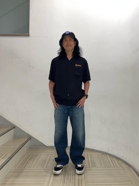「HYSTERIC GLAMOUR（ヒステリックグラマー）のWAP加工 バギーストレートパンツ（デニムパンツ、ブルー系）」を使った、hyshmt01さん（メンズ・172cm）の春コーディネート