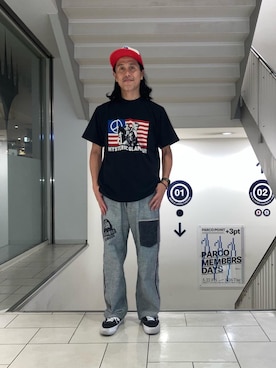 「HYSTERIC GLAMOUR（ヒステリックグラマー）のMETAL WOMAN メッシュキャップ（キャップ、レッド系）」を使った、hyshmt01さん（メンズ・172cm）の春コーディネート