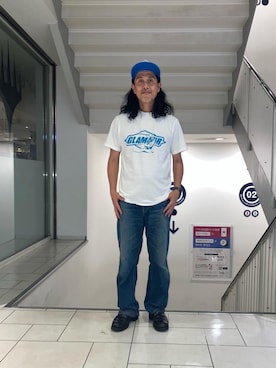 「HYSTERIC GLAMOUR（ヒステリックグラマー）のWAP加工 バギーストレートパンツ（デニムパンツ、ブルー系）」を使った、hyshmt01さん（メンズ・172cm）の夏コーディネート