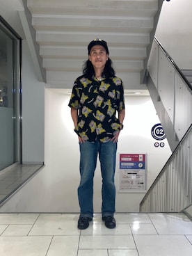 「HYSTERIC GLAMOUR（ヒステリックグラマー）のWAP加工 バギーストレートパンツ（デニムパンツ、ブルー系）」を使った、hyshmt01さん（メンズ・172cm）の夏コーディネート