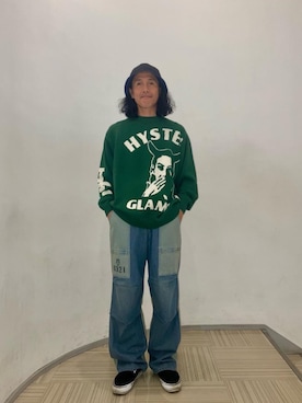 「HYSTERIC GLAMOUR（ヒステリックグラマー）のHYSTERIC 0321 ニータックワイドパンツ（その他パンツ、ブルー系）」を使った、hyshmt01さん（メンズ・172cm）の夏コーディネート