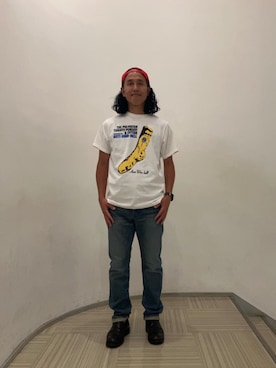 「HYSTERIC GLAMOUR（ヒステリックグラマー）のHYS SP加工 スリムストレートデニムパンツ（デニムパンツ、ブルー系）」を使った、hyshmt01さん（メンズ・172cm）の夏コーディネート