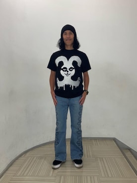 「HYSTERIC GLAMOUR（ヒステリックグラマー）のSNAKE LOOP柄デニムフレアパンツ（デニムパンツ、ブルー系）」を使った、hyshmt01さん（メンズ・172cm）の夏コーディネート