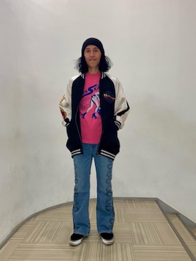 「HYSTERIC GLAMOUR（ヒステリックグラマー）のSNAKE LOOP柄デニムフレアパンツ（デニムパンツ、ブルー系）」を使った、hyshmt01さん（メンズ・172cm）の夏コーディネート