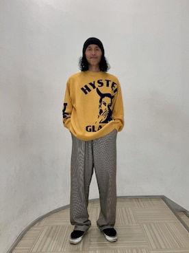 「HYSTERIC GLAMOUR（ヒステリックグラマー）のSPEAK NO EVIL編込 セーター（ニット/セーター、イエロー系）」を使った、hyshmt01さん（メンズ・172cm）の夏コーディネート