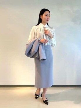 「水色」｜「アイテム（ノーカラージャケット）」を使った、ESTNATION WOMENSさん（レディース・157cm）の冬コーディネート