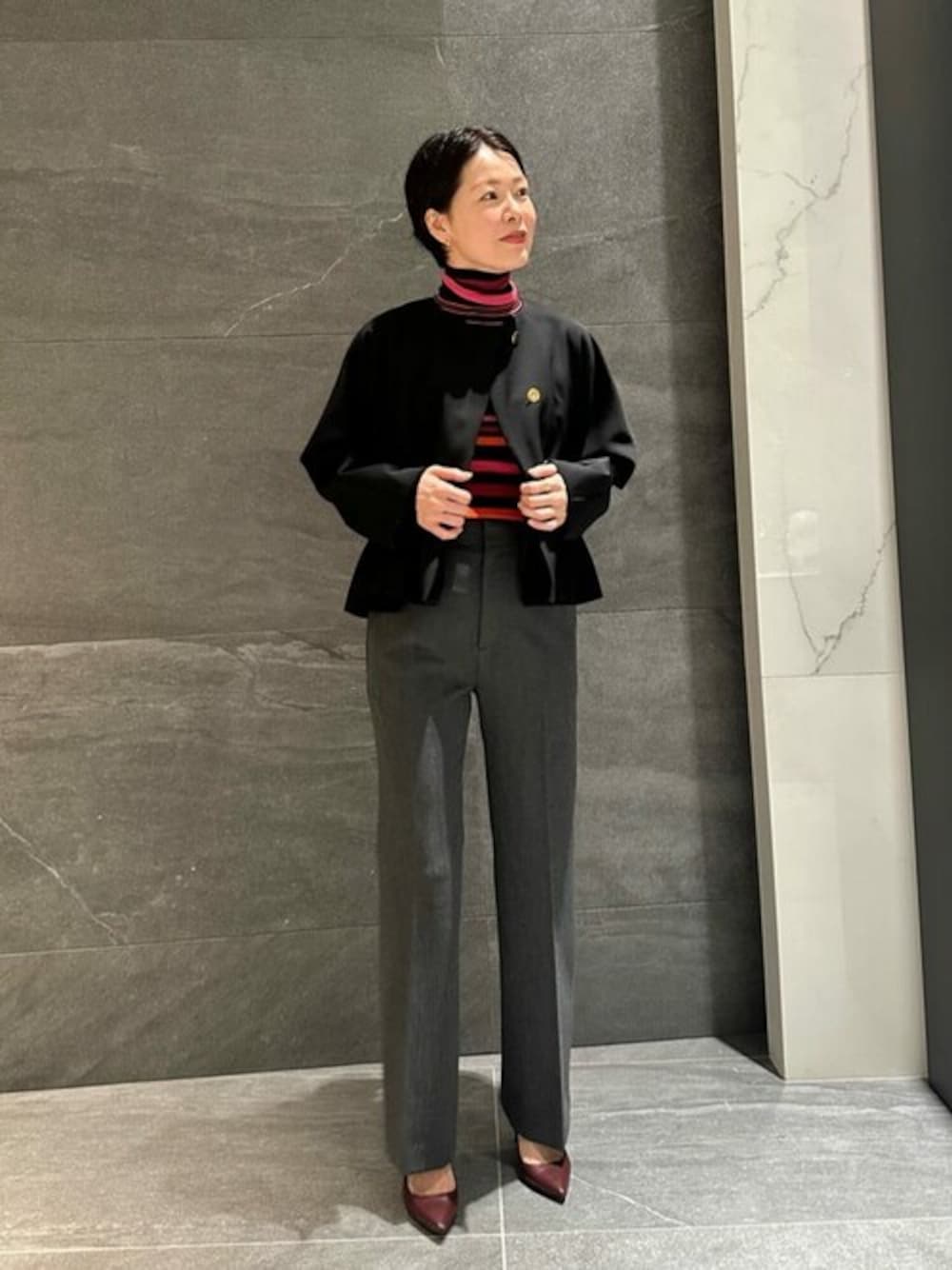 ★エストネーション ペプラム ノーカラージャケット ブラック★ ESTNATION WOMENS(ESTNATION)｜ESTNATIONのノーカラージャケットを使っ