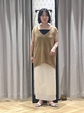 「A part by（アパートバイ）の≪追加2≫ペーパーユルニットノースリーブ（ニット/セーター、イエロー系）」を使った、さちさん（レディース・156cm）の夏コーディネート