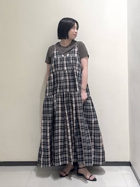 「A part by（アパートバイ）のマドラスチェックキャミワンピース（ワンピース、パープル系）」を使った、さちさん（レディース・156cm）の春コーディネート