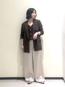「A part by（アパートバイ）のシアーWジャケット（テーラードジャケット、ブラウン系）」を使った、さちさん（レディース・156cm）の夏コーディネート