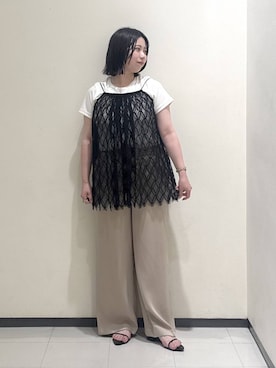 「A part by（アパートバイ）のラッセルレースキャミ（キャミソール、ブラック系）」を使った、さちさん（レディース・156cm）の夏コーディネート