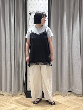 「A part by（アパートバイ）のタイプライターストレートパンツ（その他パンツ、ホワイト系）」を使った、さちさん（レディース・156cm）の春コーディネート