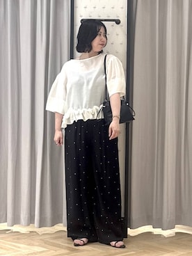 「A part by（アパートバイ）のキンチャクミニショルダバッグ（ショルダーバッグ、ブラック系）」を使った、さちさん（レディース・156cm）の夏コーディネート