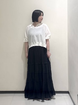 「A part by（アパートバイ）の【多機能】 シアーポロニットプルオーバー_5分袖（ニット/セーター、ホワイト系）」を使った、さちさん（レディース・156cm）の春コーディネート